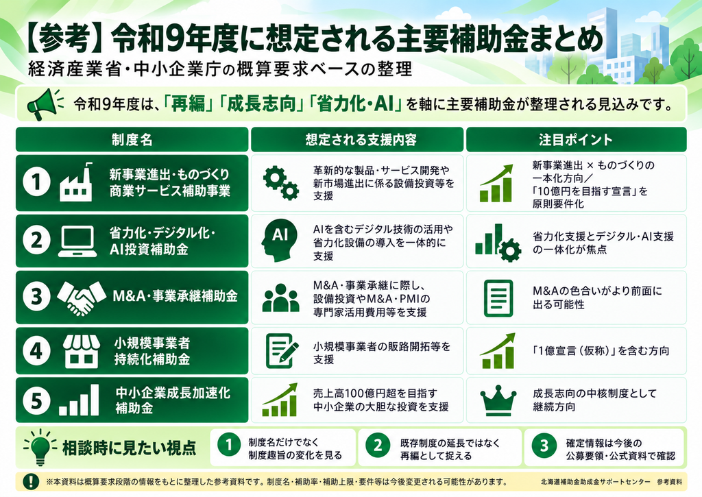 画像③「令和9年度に想定される主要補助金まとめ」