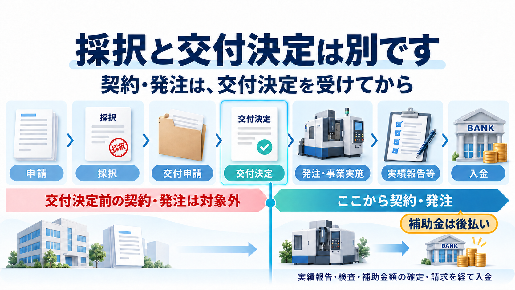 採択と交付決定は別。交付決定後に契約・発注し、事業実施と実績報告等を経て入金される後払いの流れ